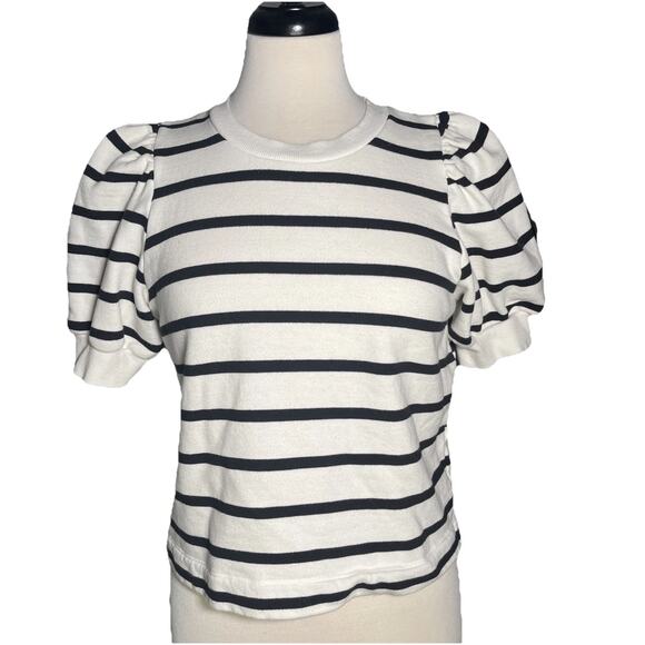 H&M Short Sleeve Sweater White and Black Stripes Ribbed Neck, Sleeves and Waist - Picture 1 of 4